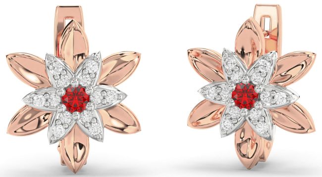 Diamond Ruby Platinum & Rose Gold Flower Stud Earrings