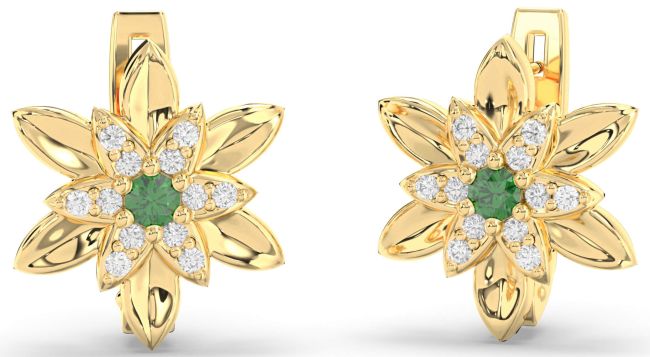 Diamond Emerald Gold Silver Flower Stud Earrings