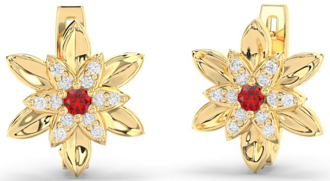 Diamond Ruby Gold Flower Stud Earrings