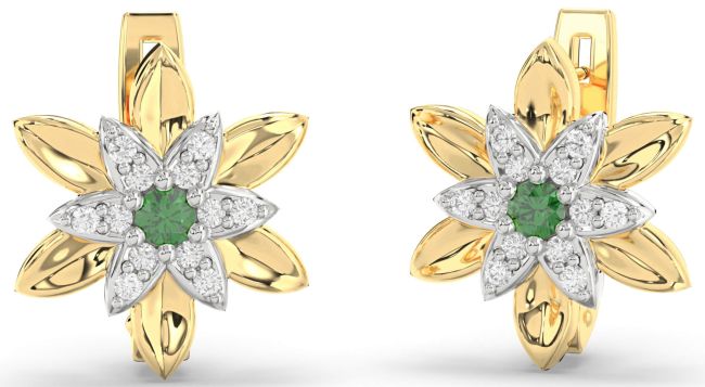 Diamond Emerald White Yellow Gold Flower Stud Earrings