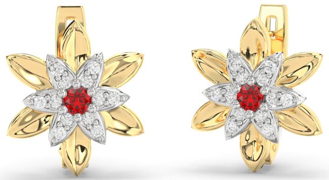 Diamond Ruby Platinum & Yellow Gold Flower Stud Earrings