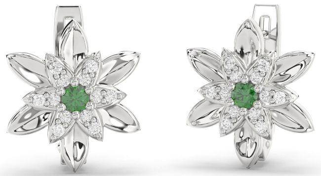 Diamond Emerald White Gold Flower Stud Earrings