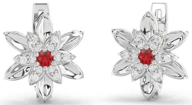 Diamond Ruby Silver Flower Stud Earrings