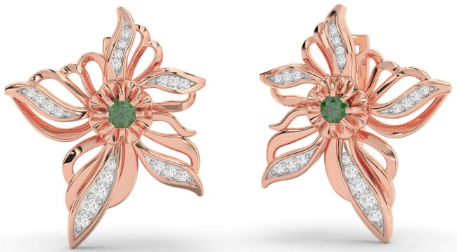 Diamond Emerald Rose Gold Flower Stud Earrings
