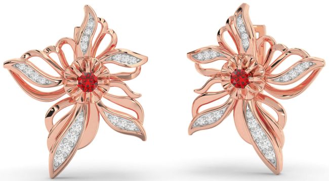Diamond Ruby Rose Gold Silver Flower Stud Earrings