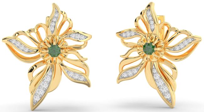 Diamond Emerald Gold Silver Flower Stud Earrings