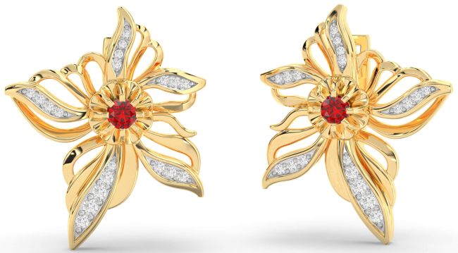 Diamond Ruby Gold Silver Flower Stud Earrings