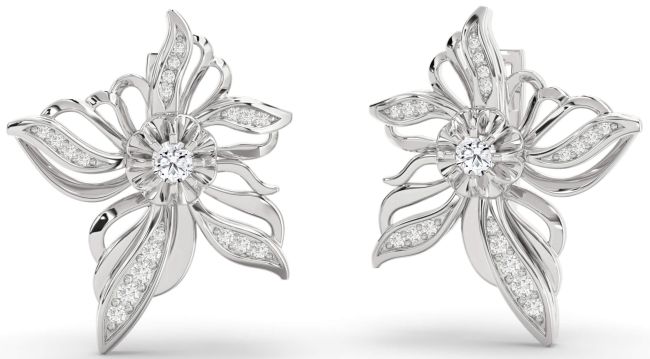 Diamond Platinum Flower Stud Earrings
