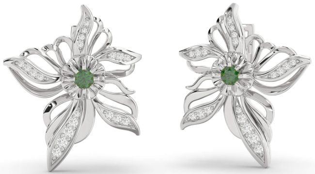 Diamond Emerald White Gold Flower Stud Earrings