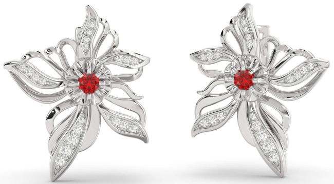 Diamond Ruby Platinum Flower Stud Earrings