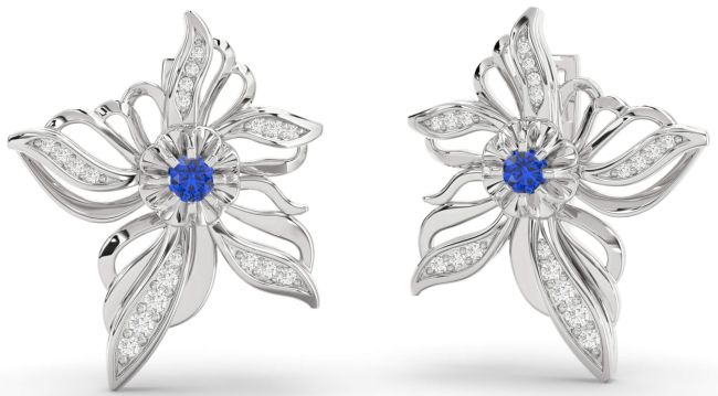 Diamond Blue Sapphire Silver Flower Stud Earrings