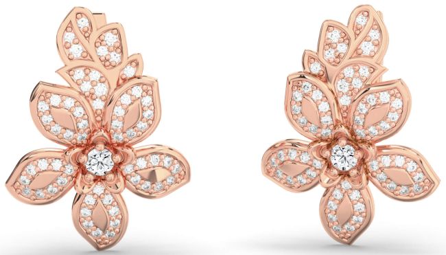 Diamond Rose Gold Silver Flower Dangle Earrings