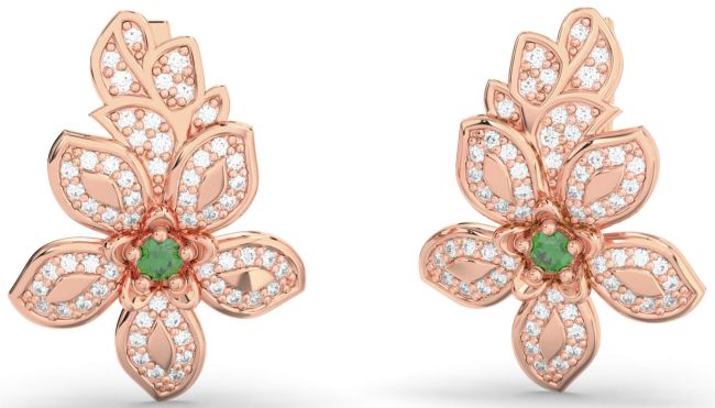 Diamond Emerald Rose Gold Silver Flower Dangle Earrings
