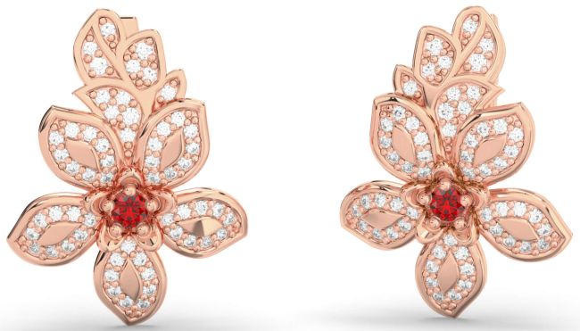 Diamond Ruby Rose Gold Flower Dangle Earrings