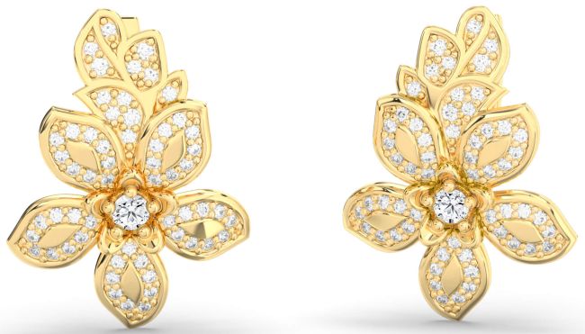 Diamond Gold Silver Flower Dangle Earrings