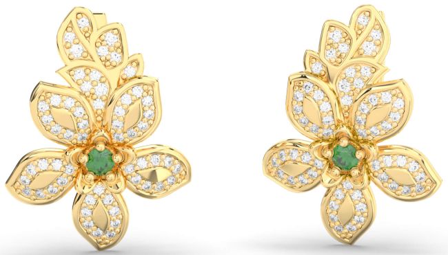 Diamond Emerald Gold Flower Dangle Earrings