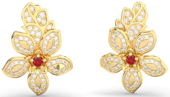 Diamond Ruby Gold Silver Flower Dangle Earrings