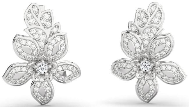 Diamond Platinum Flower Dangle Earrings