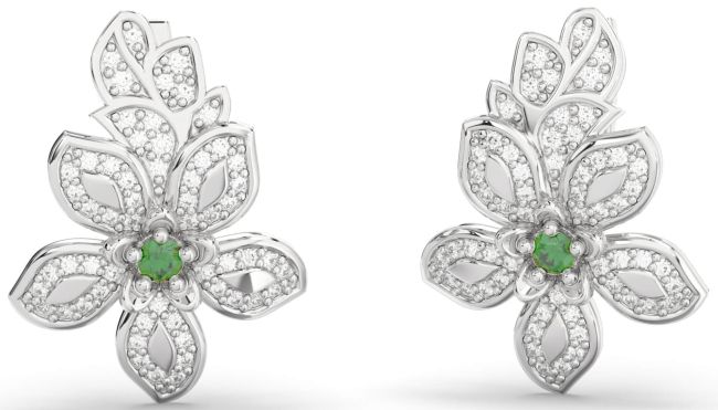 Diamond Emerald Platinum Flower Dangle Earrings
