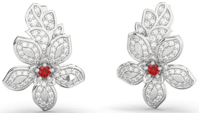 Diamond Ruby Platinum Flower Dangle Earrings