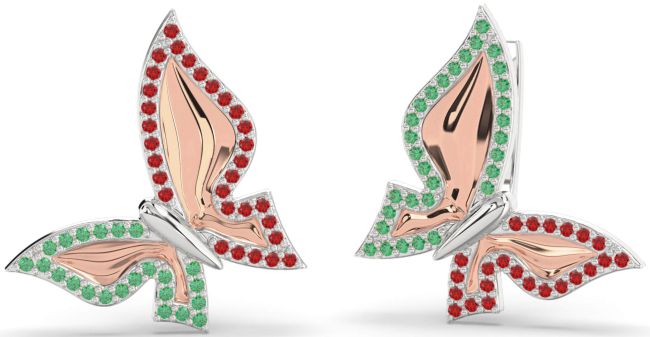 Emerald & Ruby Platinum & Rose Gold Butterfly Stud Earrings