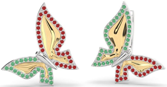 Emerald & Ruby Platinum & Yellow Gold Butterfly Stud Earrings