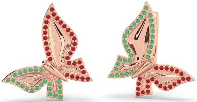 Emerald & Ruby Rose Gold Butterfly Stud Earrings