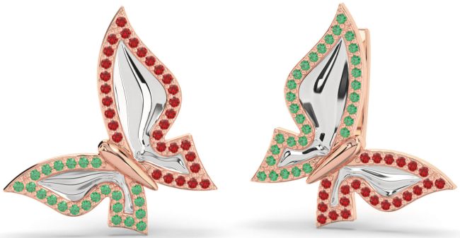 Emerald & Ruby White Rose Gold Butterfly Stud Earrings
