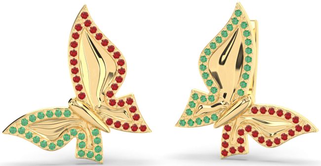 Emerald & Ruby Gold Silver Butterfly Stud Earrings