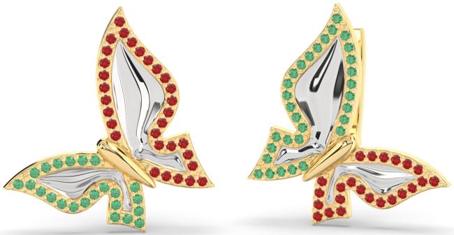 Emerald & Ruby Platinum & Yellow Gold Butterfly Stud Earrings