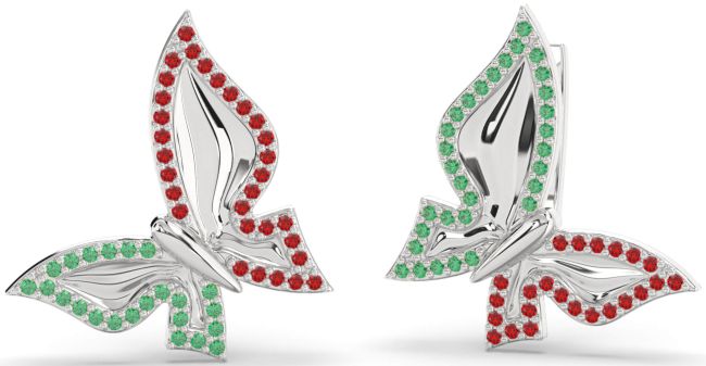 Emerald & Ruby White Gold Butterfly Stud Earrings
