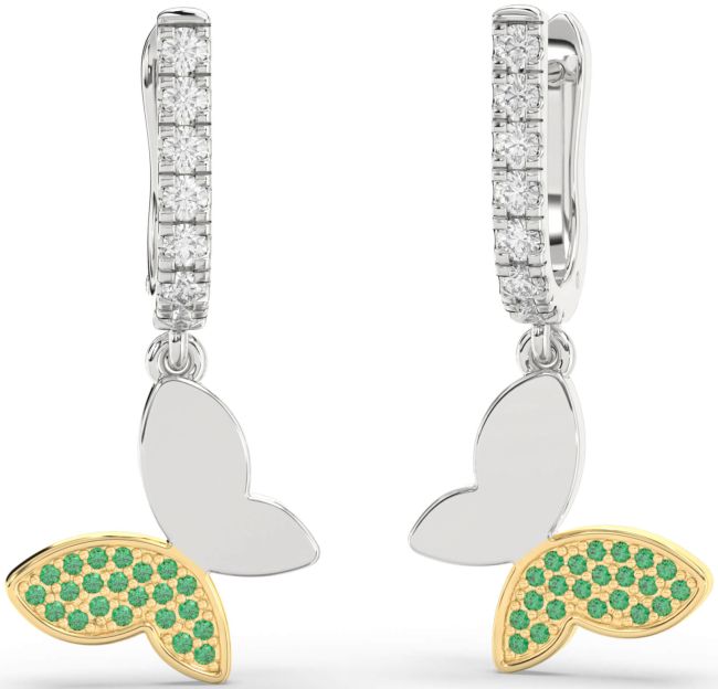 Diamond Emerald Gold Silver Butterfly Dangle Earrings