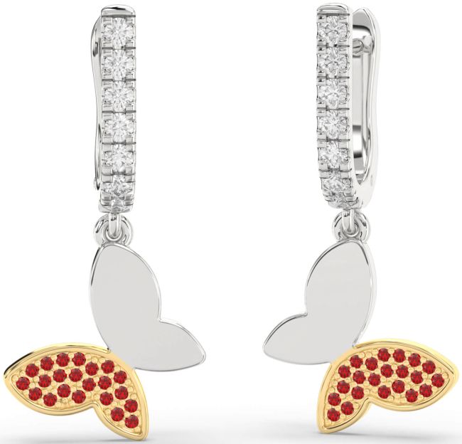Diamond Ruby Gold Silver Butterfly Dangle Earrings