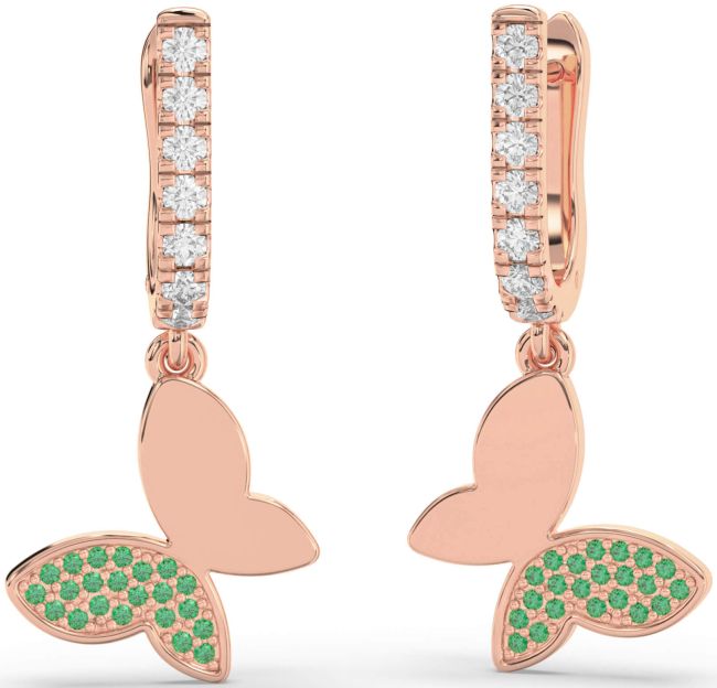 Diamond Emerald Rose Gold Butterfly Dangle Earrings