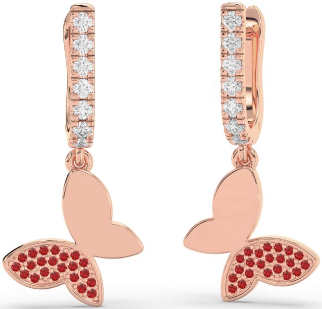 Diamond Ruby Rose Gold Butterfly Dangle Earrings