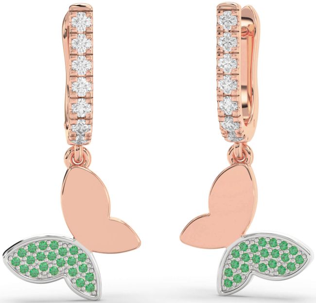 Diamond Emerald Rose Gold Silver Butterfly Dangle Earrings