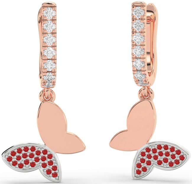Diamond Ruby Rose Gold Silver Butterfly Dangle Earrings