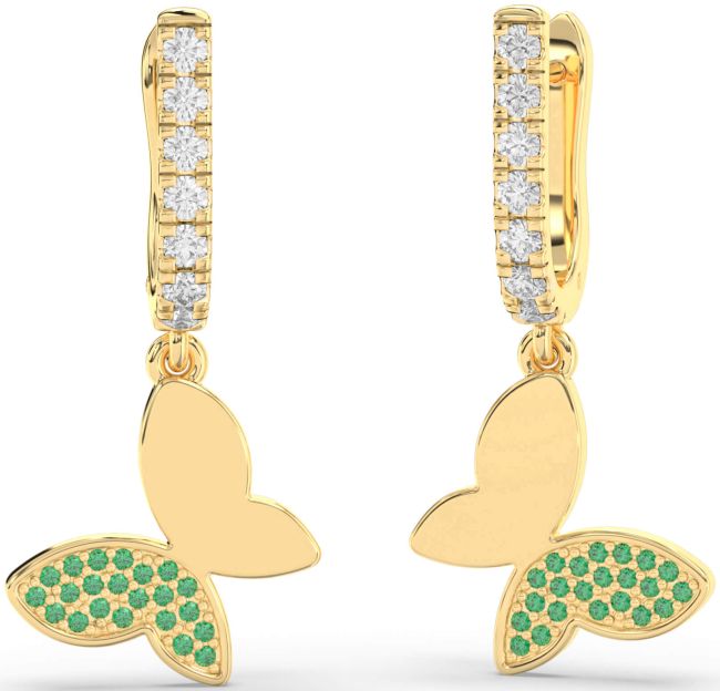 Diamond Emerald Gold Butterfly Dangle Earrings