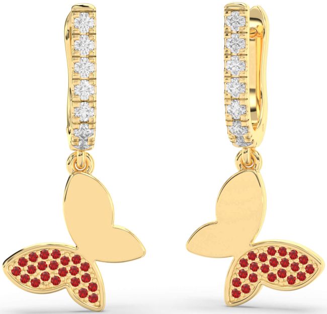 Diamond Ruby Gold Butterfly Dangle Earrings