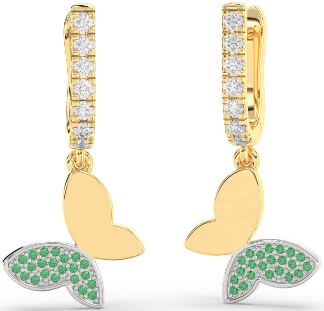 Diamond Emerald Gold Silver Butterfly Dangle Earrings