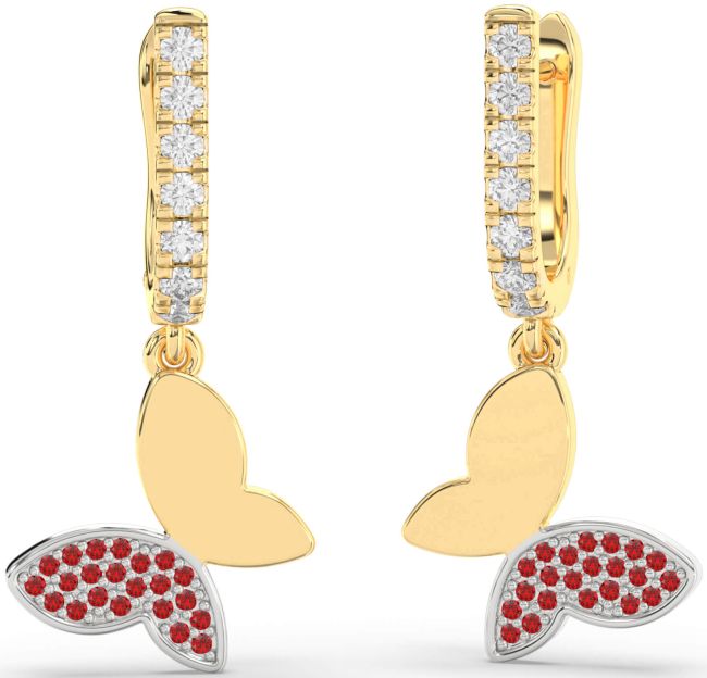 Diamond Ruby Gold Silver Butterfly Dangle Earrings
