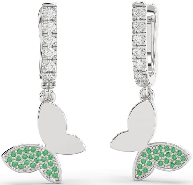 Diamond Emerald Silver Butterfly Dangle Earrings