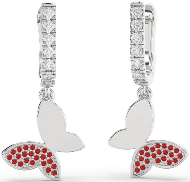 Diamond Ruby White Gold Butterfly Dangle Earrings