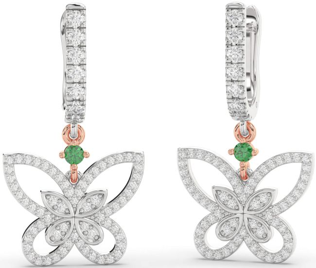 Diamond Emerald Platinum & Rose Gold Butterfly Dangle Earrings