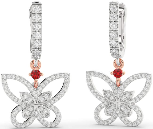Diamond Ruby Platinum & Rose Gold Butterfly Dangle Earrings