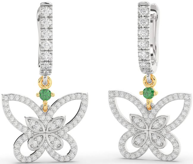 Diamond Emerald Gold Silver Butterfly Dangle Earrings