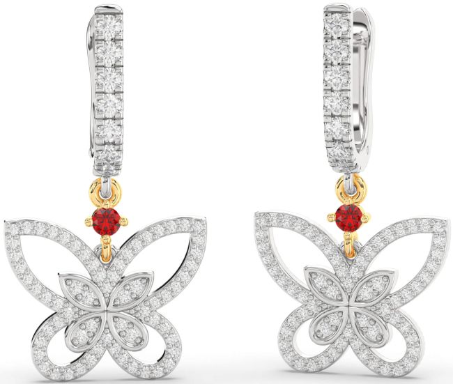 Diamond Ruby Silver & 10K gold Butterfly Dangle Earrings