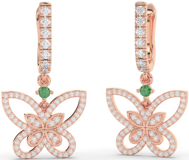 Diamond Emerald Rose Gold Butterfly Dangle Earrings