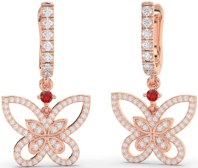 Diamond Ruby Rose Gold Butterfly Dangle Earrings