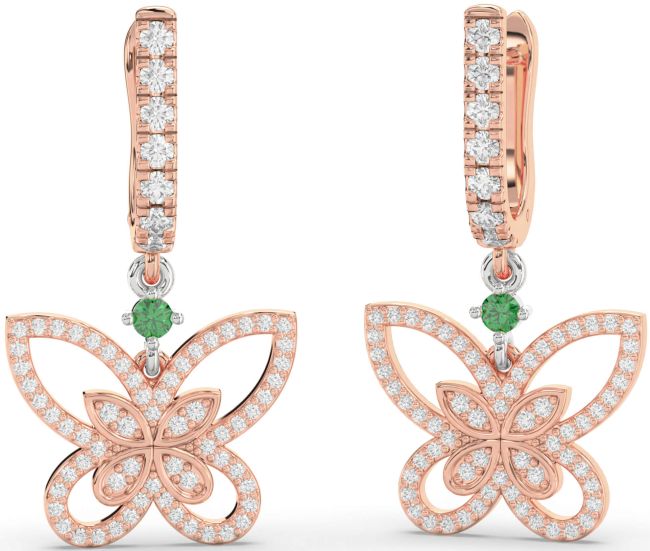 Diamond Emerald Rose Gold Silver Butterfly Dangle Earrings